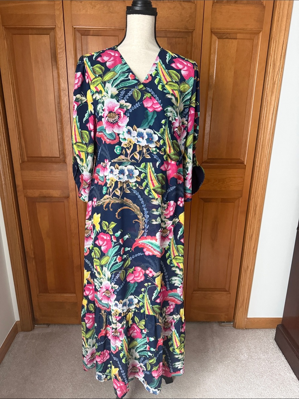 Soft Surroundings Navy Maxi Dress with Pink & Green Floral Print